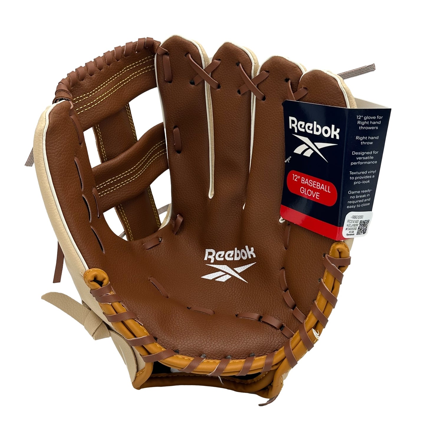 A brown and tan Reebok baseball glove with the tag attached.