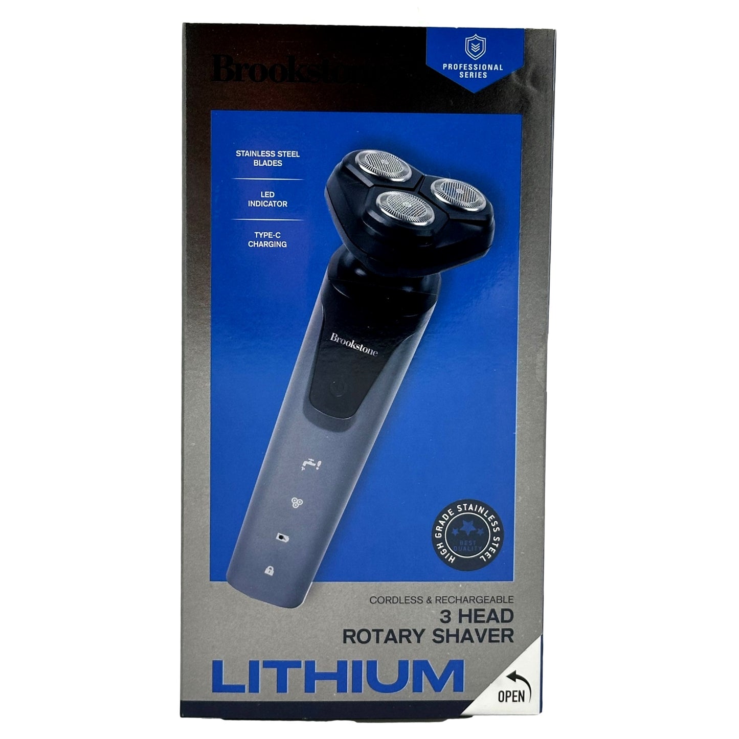 Box of a Brookstone Lithium 3-head rotary shaver, cordless and rechargeable, in a grey and blue box.