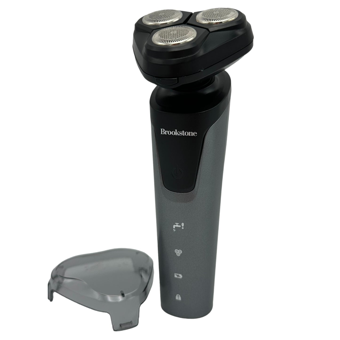 Brookstone electric shaver with three rotating heads and a gray handle, along with a protective cover.