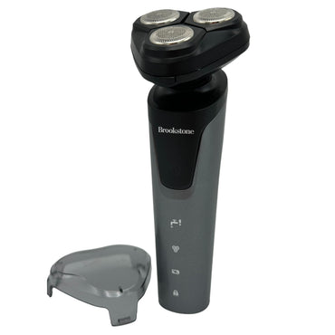Brookstone electric shaver with three rotating heads and a gray handle, along with a protective cover.