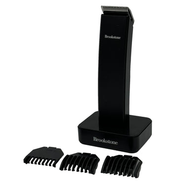 Black Brookstone beard trimmer with multiple guard lengths.