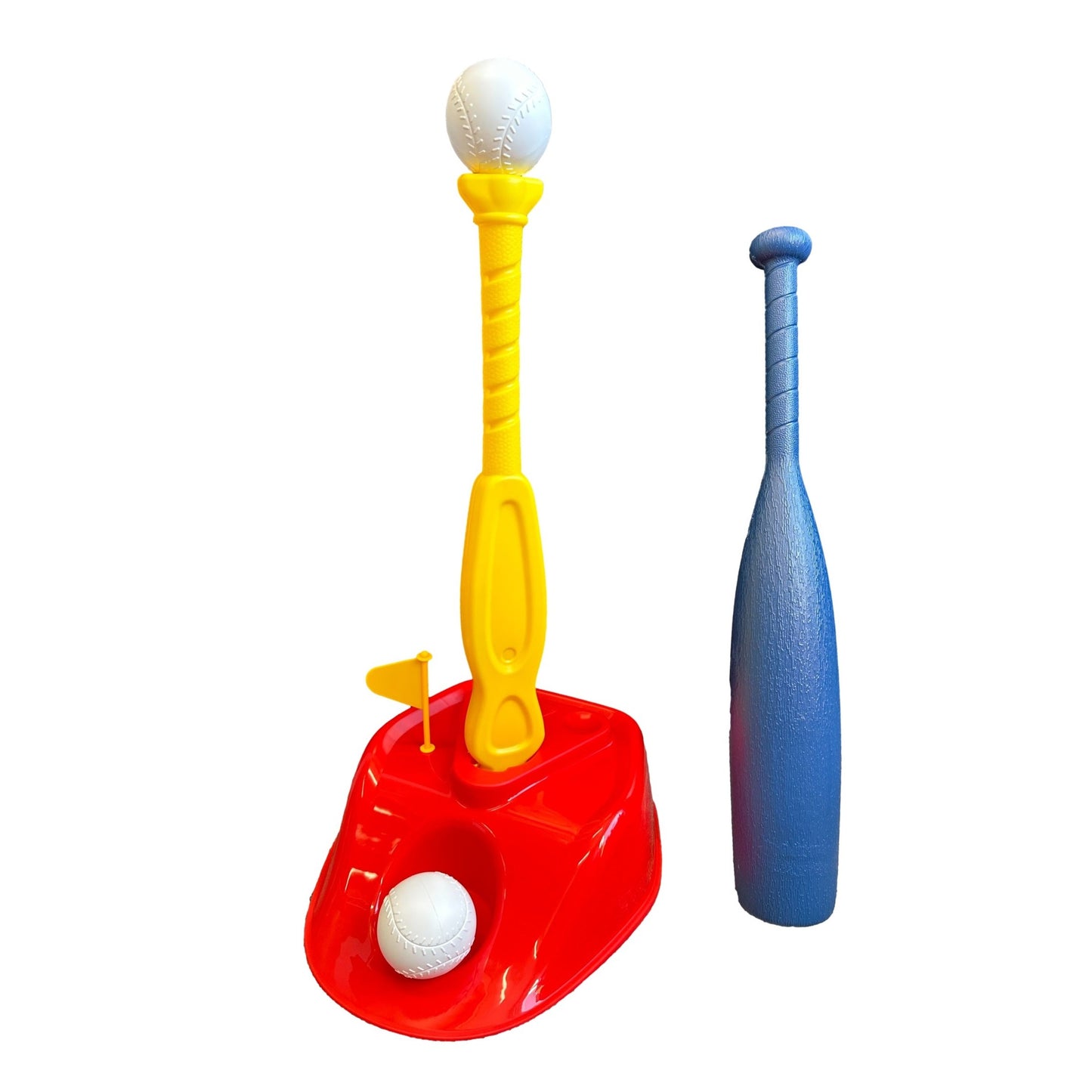 A toy baseball tee with a yellow tee, red base, a white ball on the tee, another white ball in the base, a yellow flag, and a blue bat.