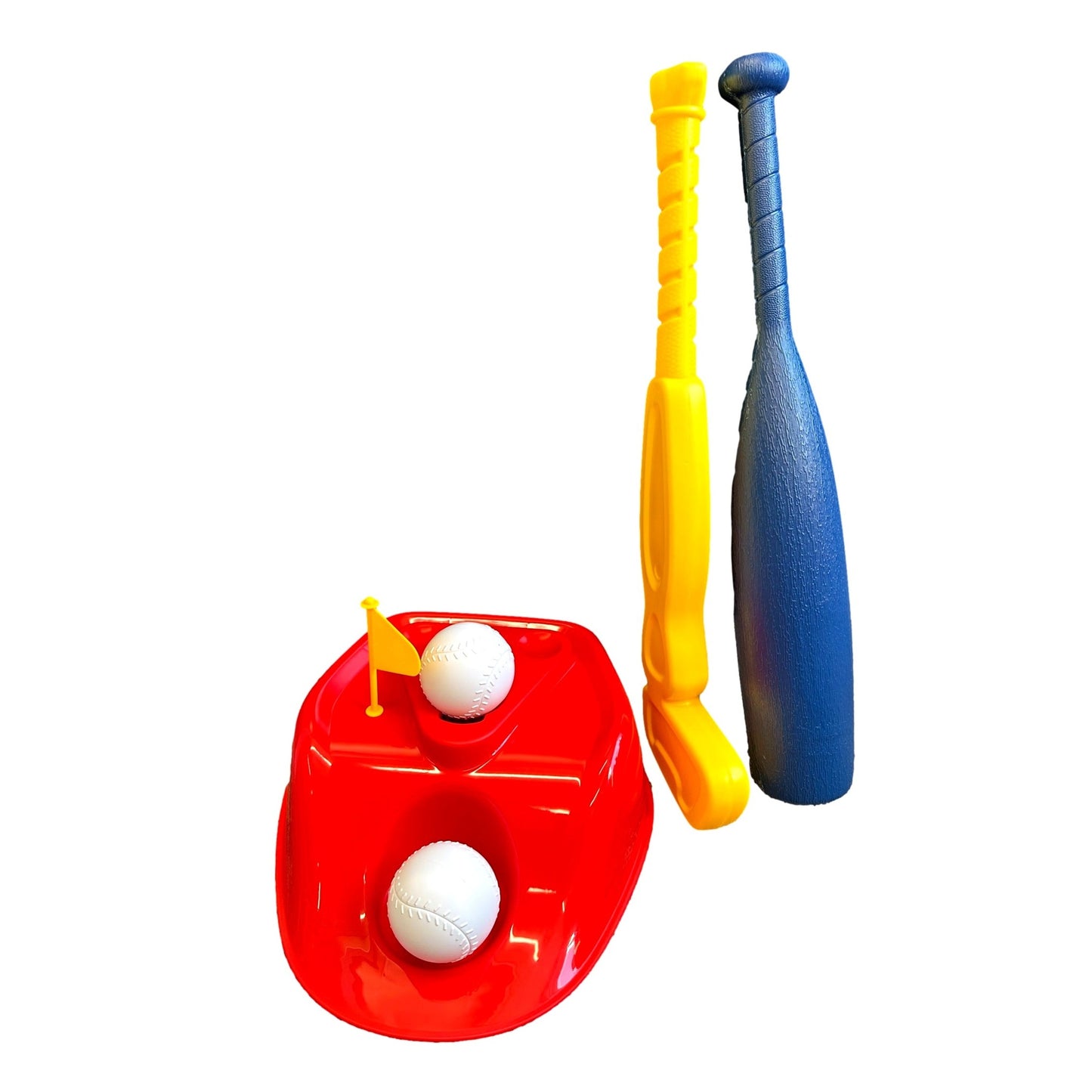 Toy baseball set with red tee, yellow bat, blue bat, and two white balls.