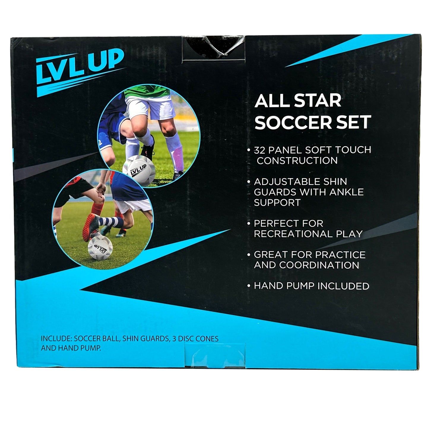 Black box with images of soccer players kicking a soccer ball, the "LVL UP" logo, and text describing a soccer set with features and included items.
