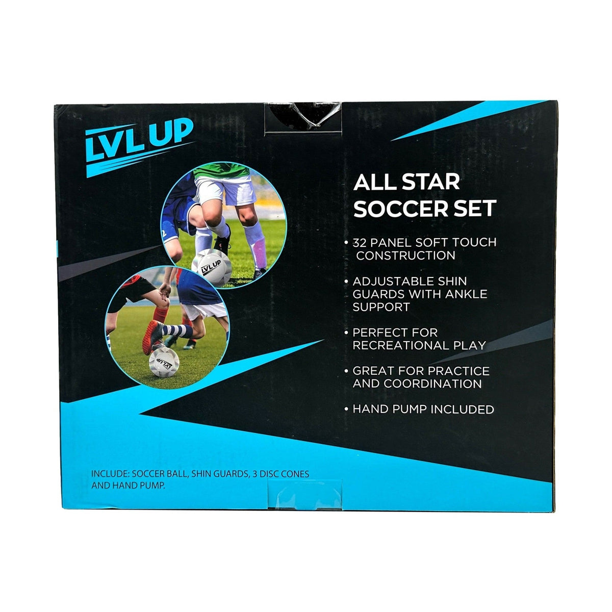 Black box with images of soccer players kicking a soccer ball, the "LVL UP" logo, and text describing a soccer set with features and included items.