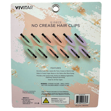 Packaging for 12-piece pastel-colored Vivitar "No Crease Hair Clips."