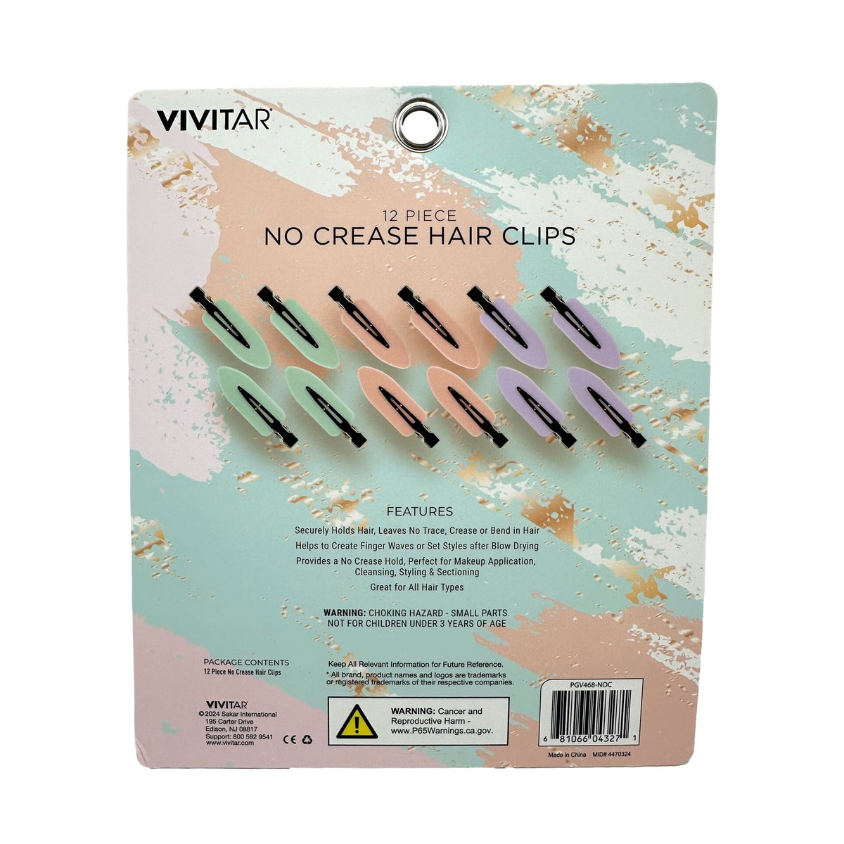 Packaging for 12-piece pastel-colored Vivitar "No Crease Hair Clips."