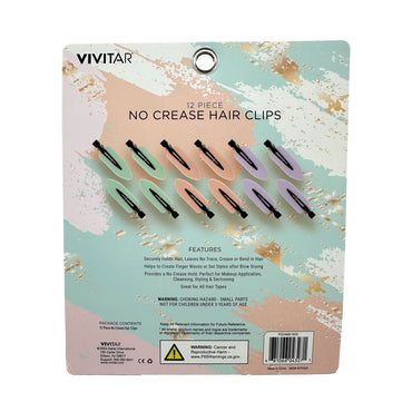 Packaging for 12-piece pastel-colored Vivitar "No Crease Hair Clips."