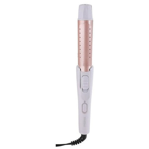 White and rose gold curling iron.