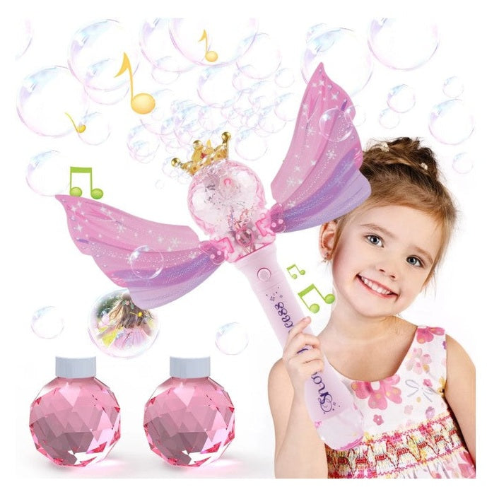 A young girl smiles while holding a pink fairy wand with bubbles and liquid bottles on a white background.