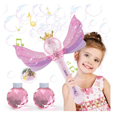 A young girl smiles while holding a pink fairy wand with bubbles and liquid bottles on a white background.