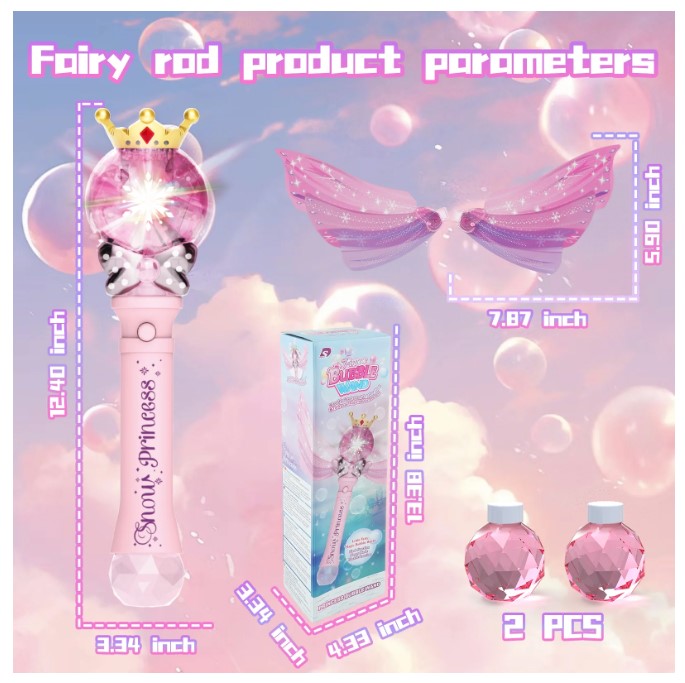Product image of a pink bubble wand, a set of fairy wings, and bubble soap, with product dimensions overlaid on the image.