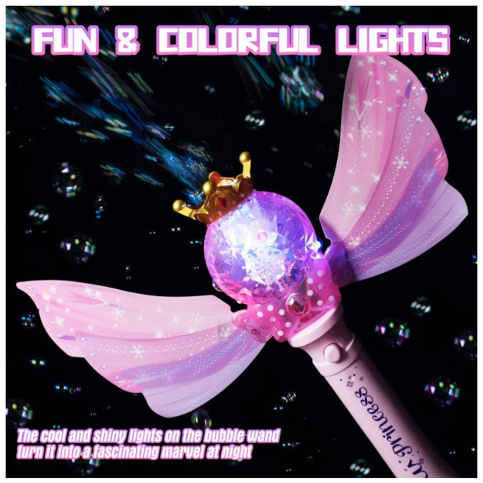 A light-up bubble wand shaped like a crown and butterfly wings with a black, out-of-focus background.