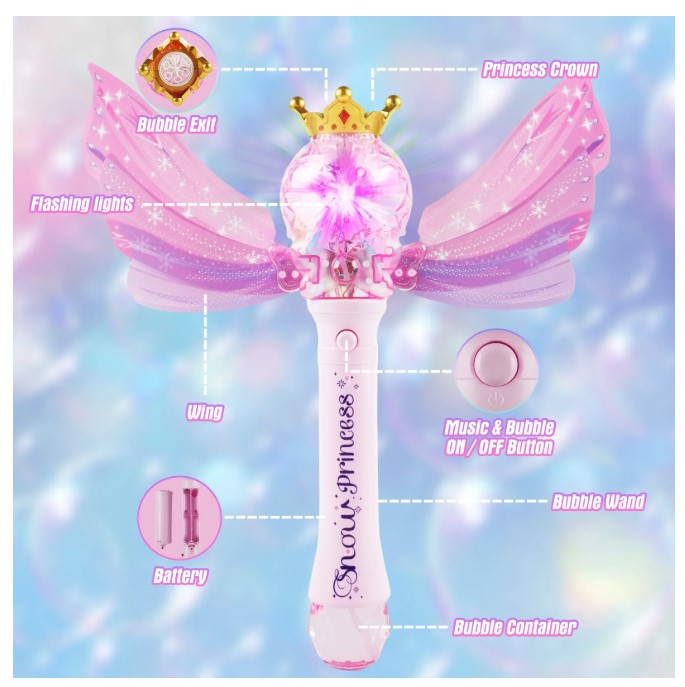 Pink bubble wand with wings, crown, and lights.