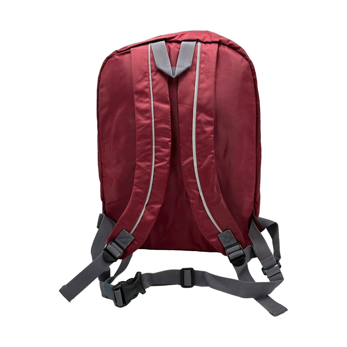 Maroon backpack with gray straps, back view.