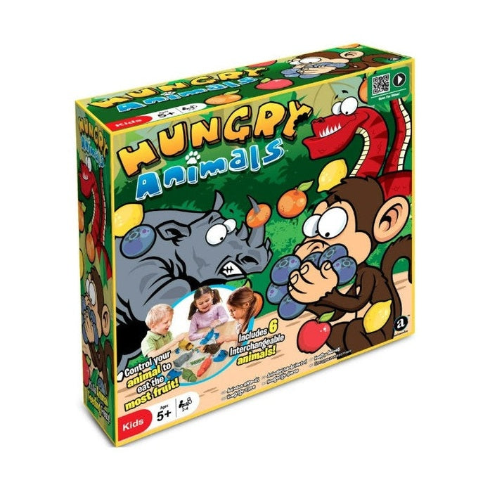 A game box of "Hungry Animals" for kids, featuring cartoon animal illustrations, children playing, and game details.