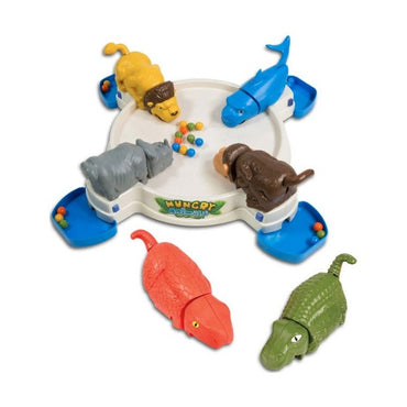 A children's toy game with animal-shaped head pushers around a ring that collects colorful marble balls.