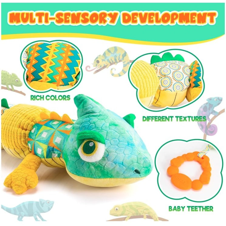 Plush chameleon toy with sensory textures and a baby teether.