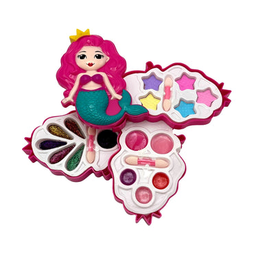 Mermaid-themed toy makeup kit with a mermaid figurine, eyeshadow, and applicators.