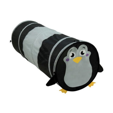 A penguin-themed play tunnel with black and gray stripes.