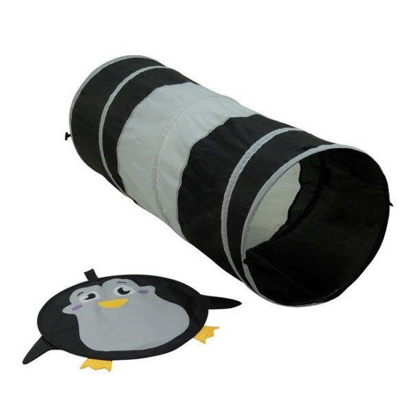 Black and gray striped play tunnel with a round penguin-shaped mat.