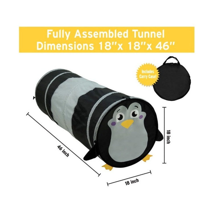 Black and gray penguin-themed play tunnel with dimensions.