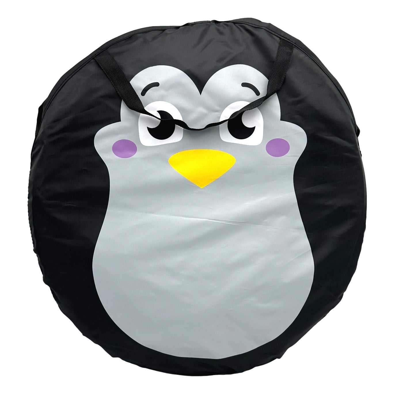 Round black storage bag with a penguin design.