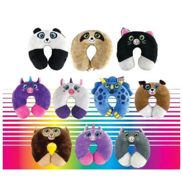 Collection of animal-themed plush neck pillows.