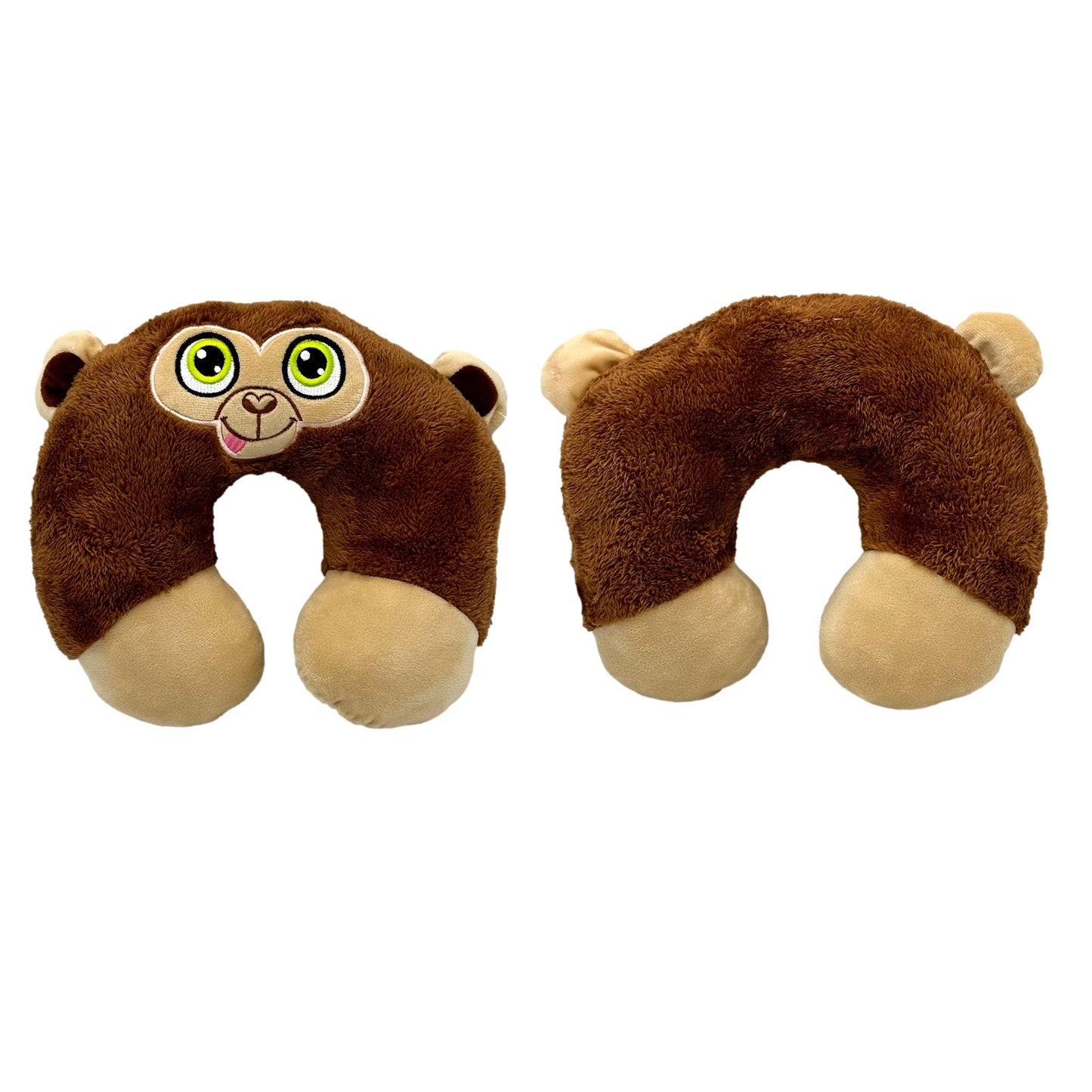 Front and back view of a brown monkey-shaped travel pillow.