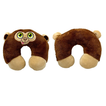 Front and back view of a brown monkey-shaped travel pillow.