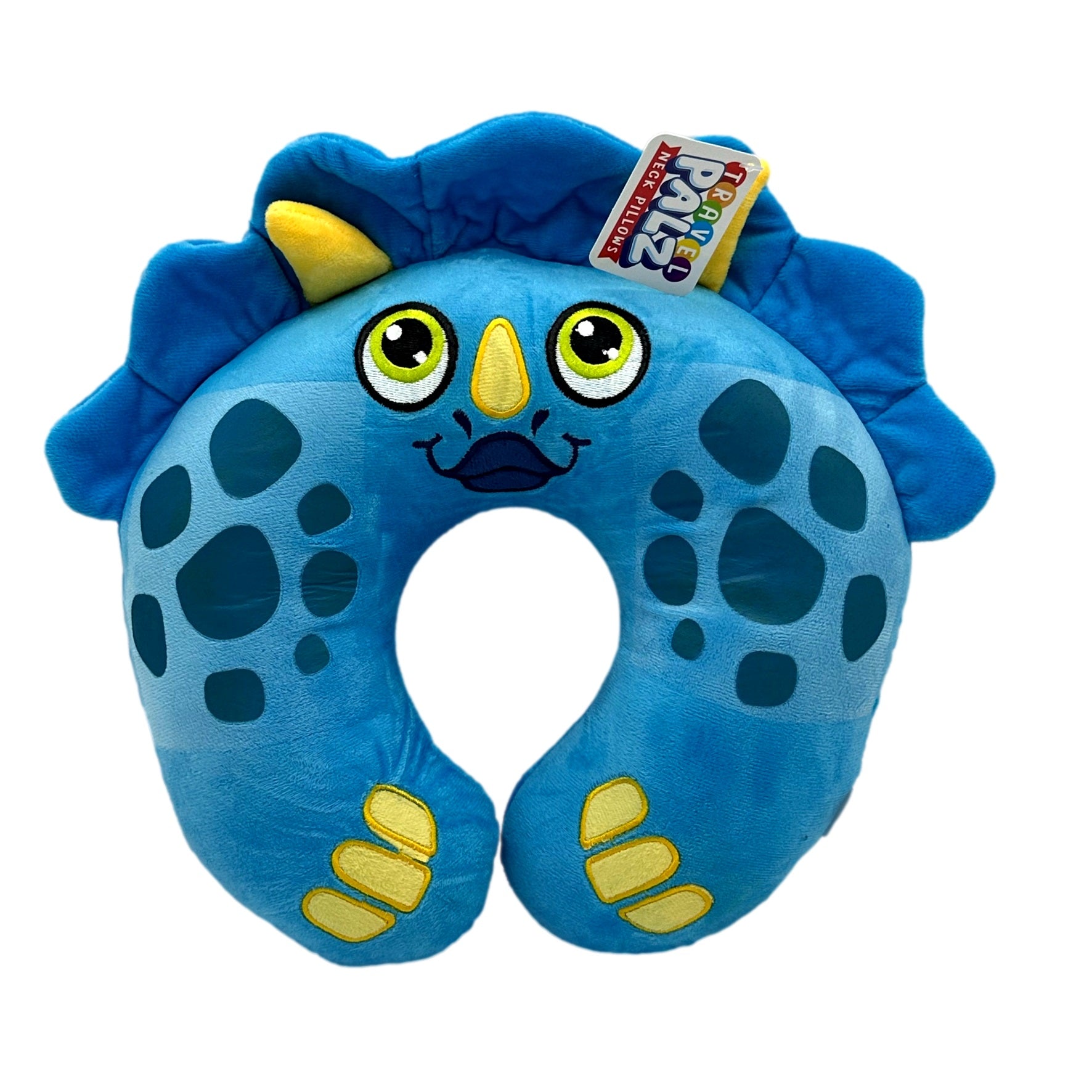 Blue plush neck pillow shaped like a triceratops with yellow horns and feet.