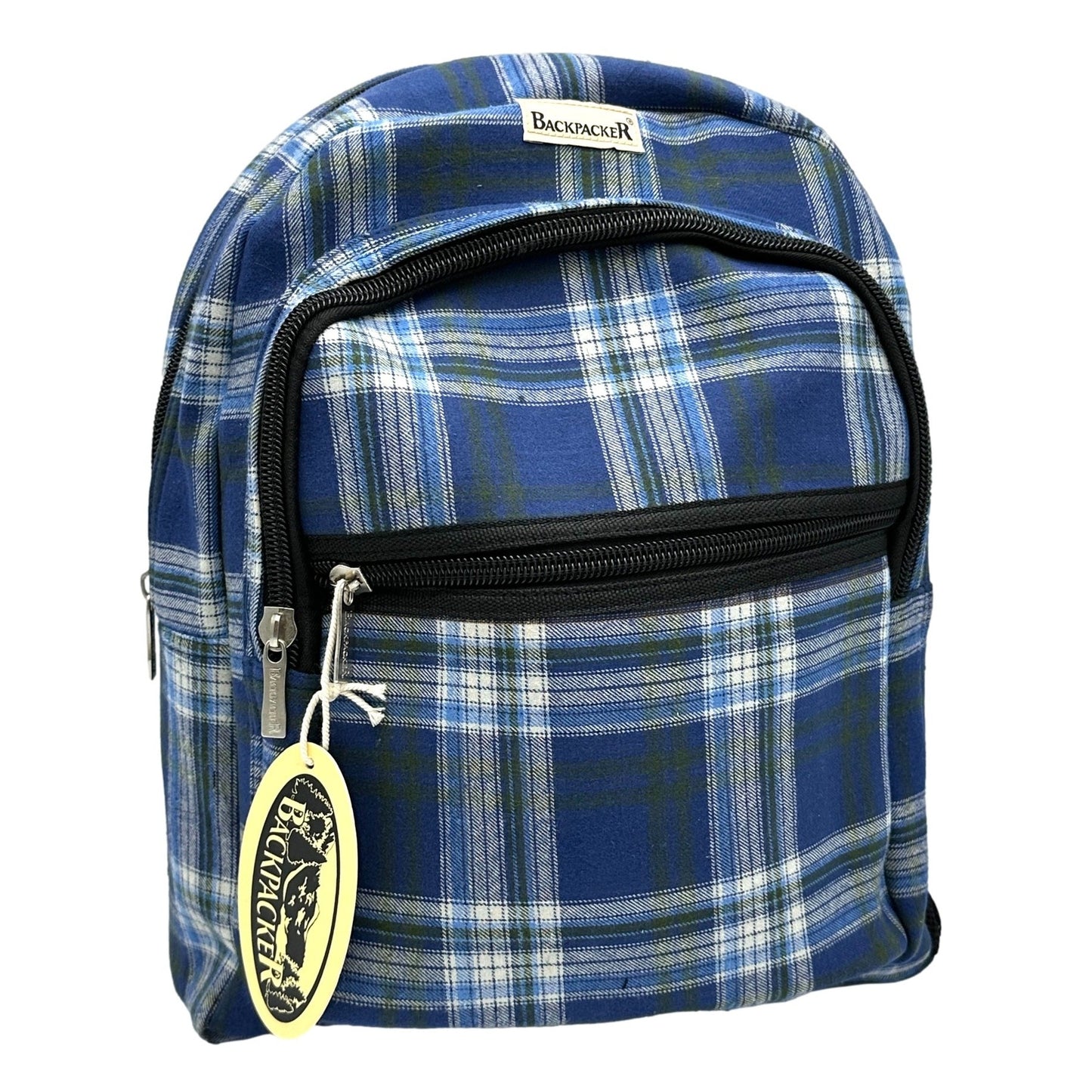 Blue and white plaid backpack with black zippers and brand tag.