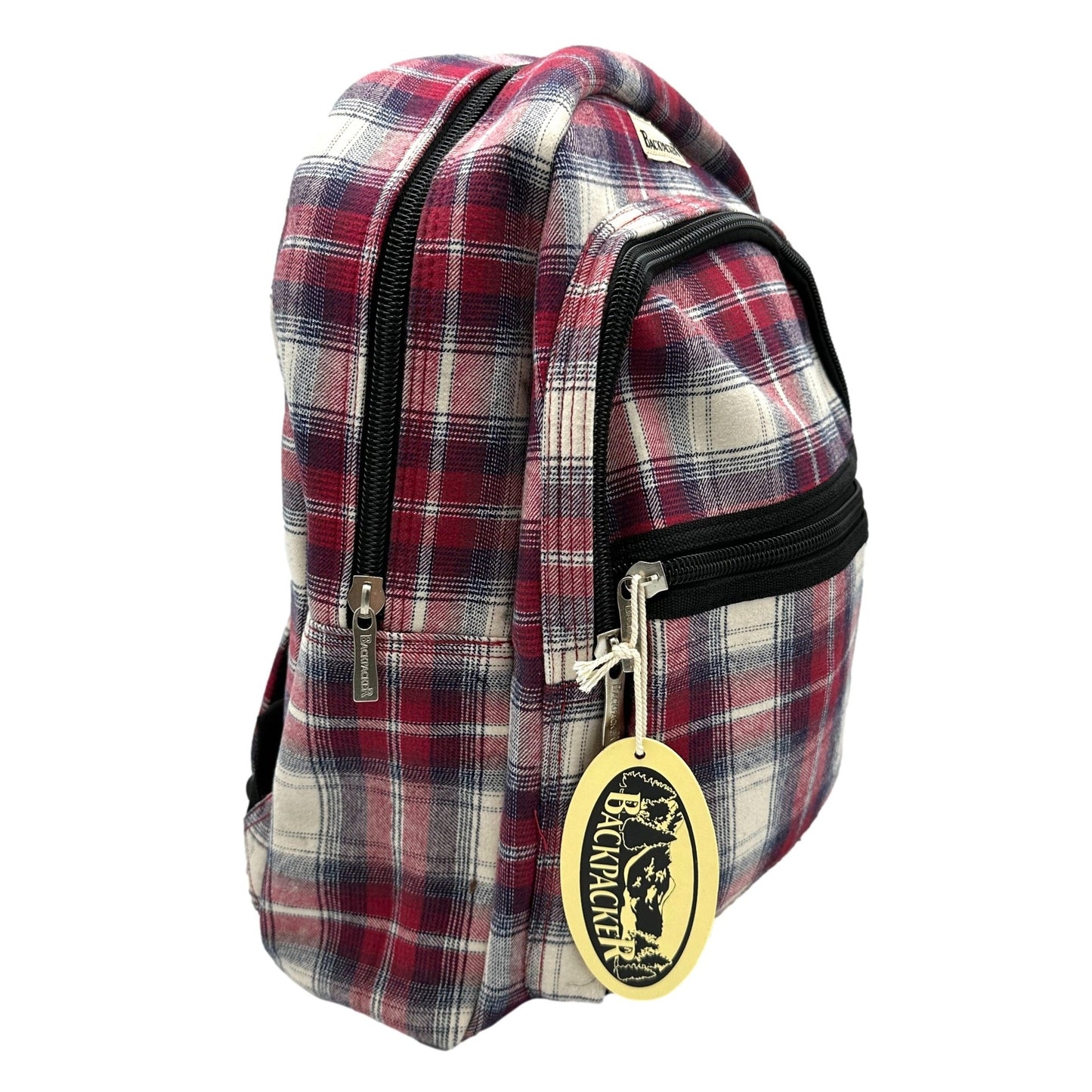 Red and white plaid backpack with a brown tag.