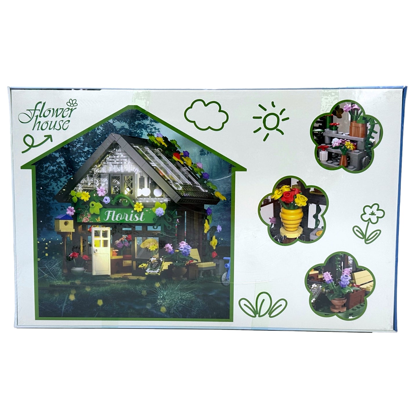 Box with image of a flower shop dollhouse with flower accents.