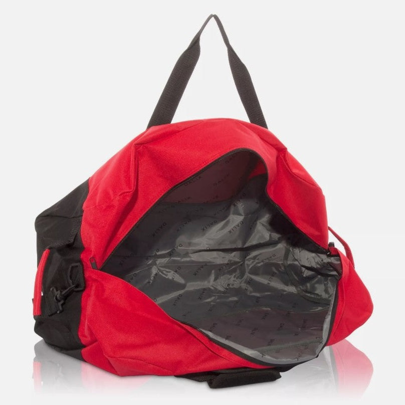 Open red and black duffel bag with black handles.