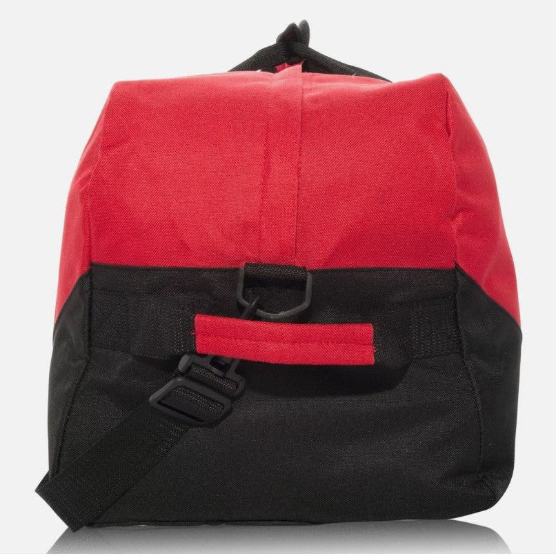 Red and black duffel bag.