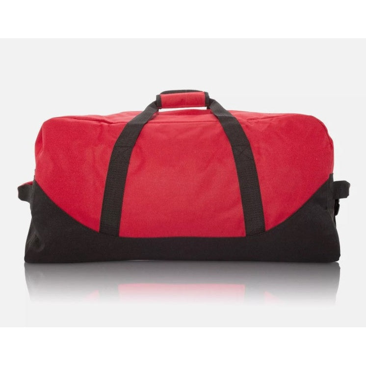 Red and black duffel bag.