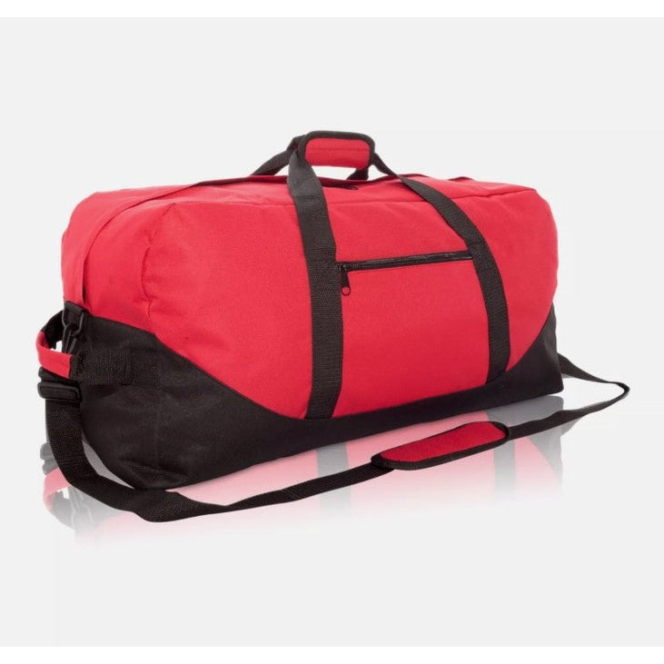 Red and black duffel bag with black straps.
