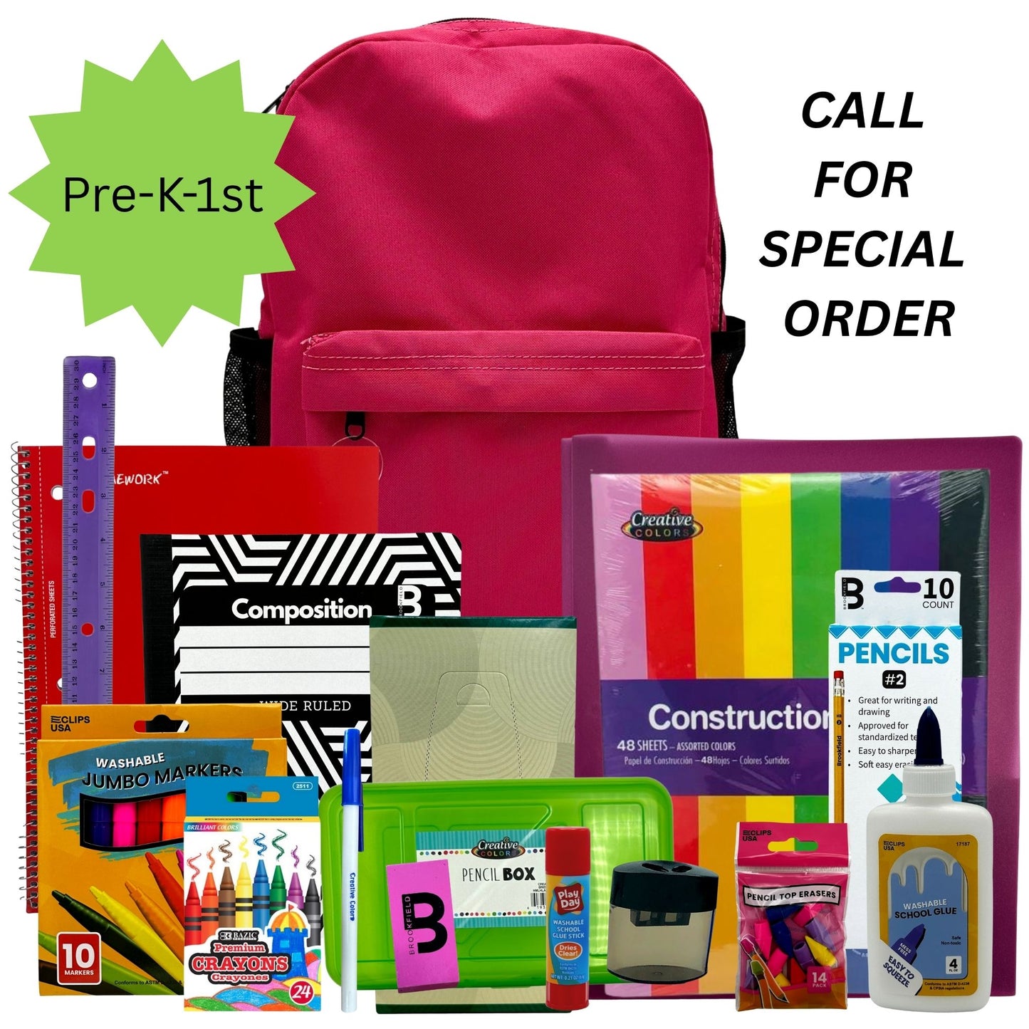 A collection of back-to-school supplies, including a pink backpack, notebooks, pencils, crayons, markers, glue, and construction paper.