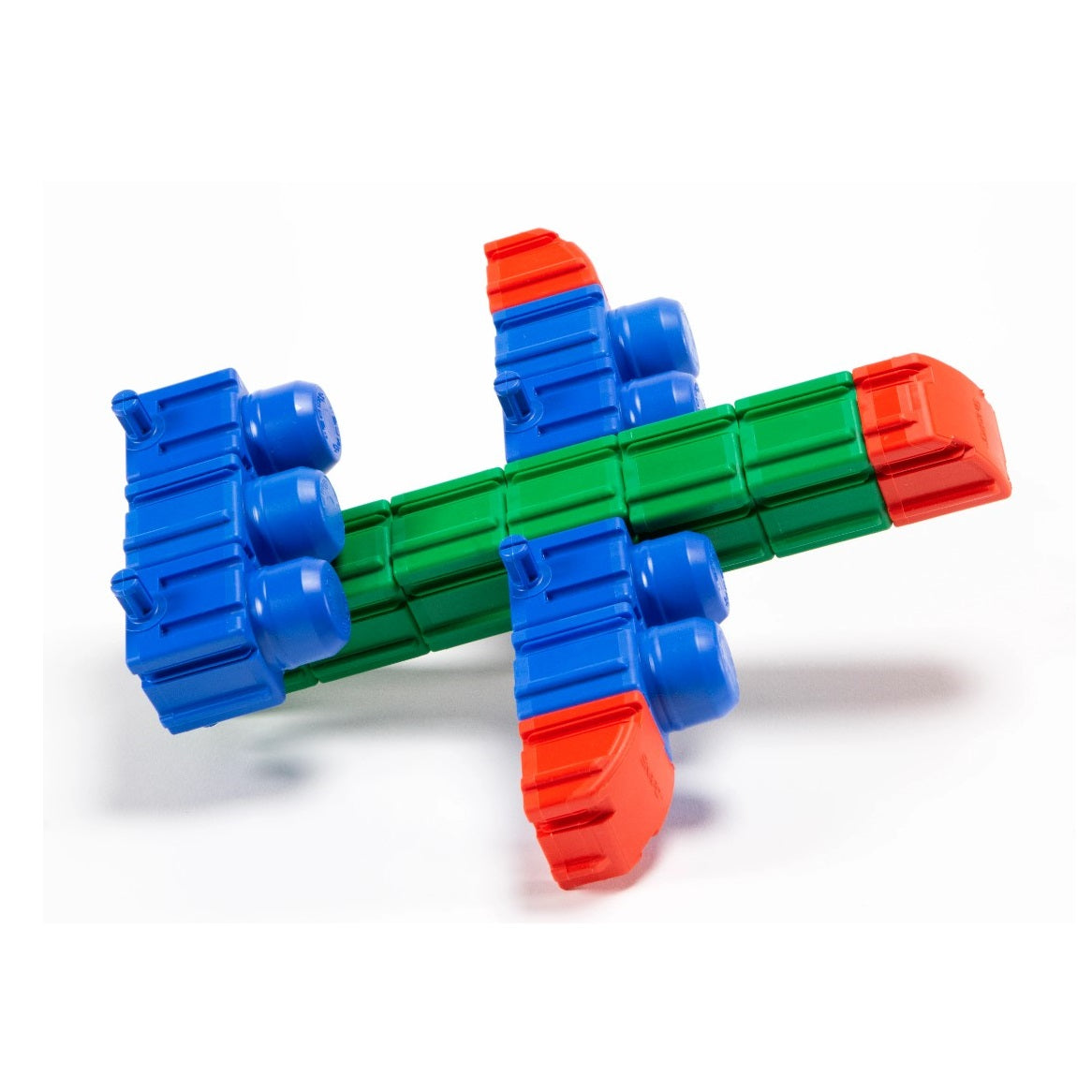 Toy airplane made of colorful plastic building blocks.