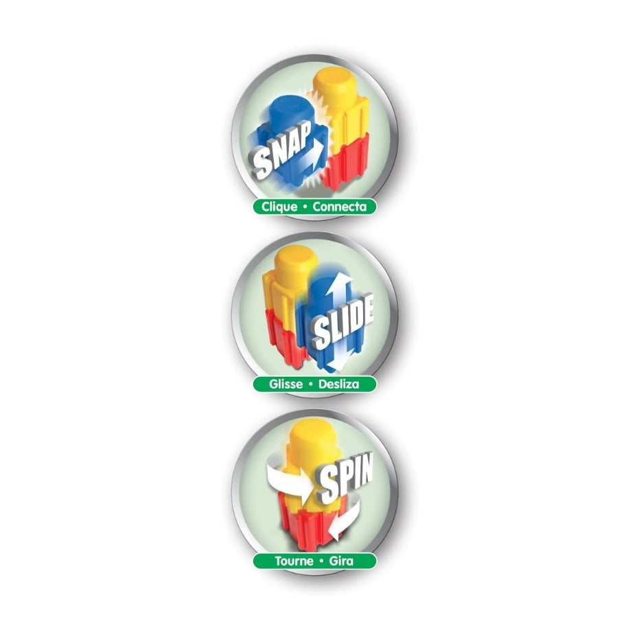 Three circular product symbols showing how to connect building blocks. The symbols say "Snap," "Slide," and "Spin" along with translations in other languages.