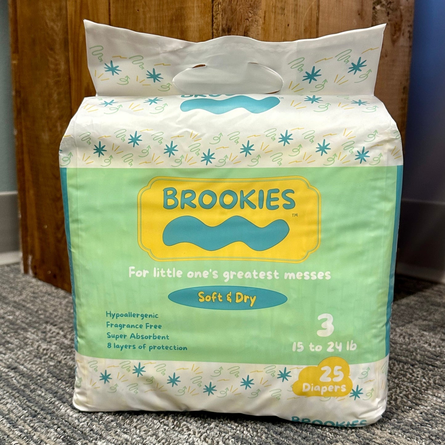 Package of "Brookies" brand diapers, size 3, 15-24 lb.