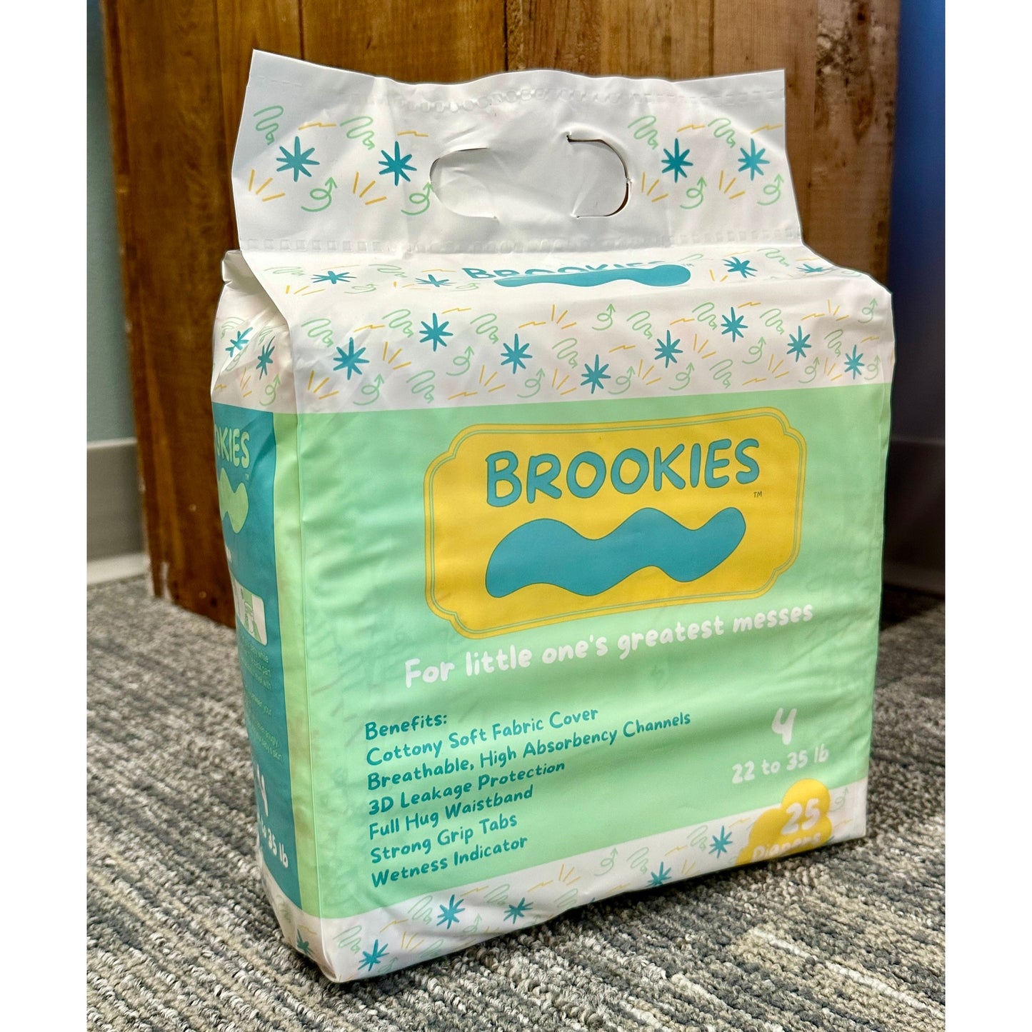 A package of Brookies brand diapers, size 4, for babies 22-35 pounds.