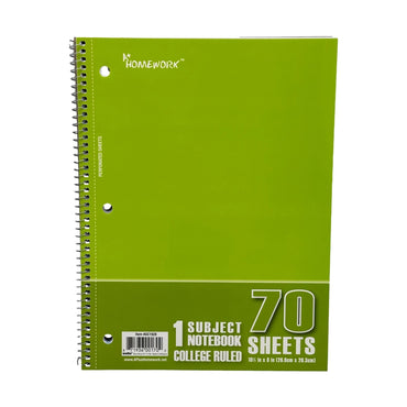 Green A+ Homework one-subject college-ruled notebook with 70 sheets and a perforated edge.