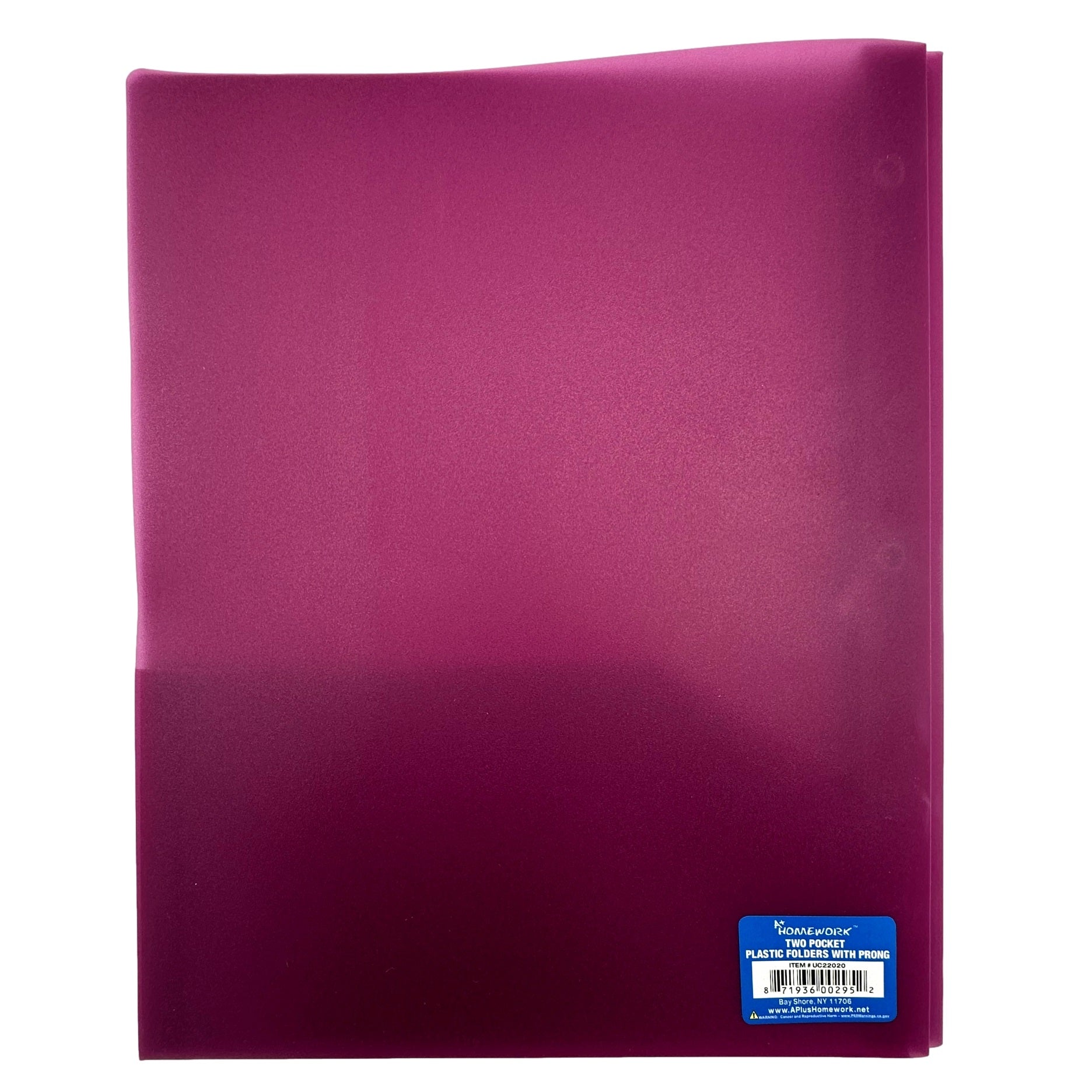 Magenta plastic two-pocket folder with prongs and a blue label in the lower right corner.
