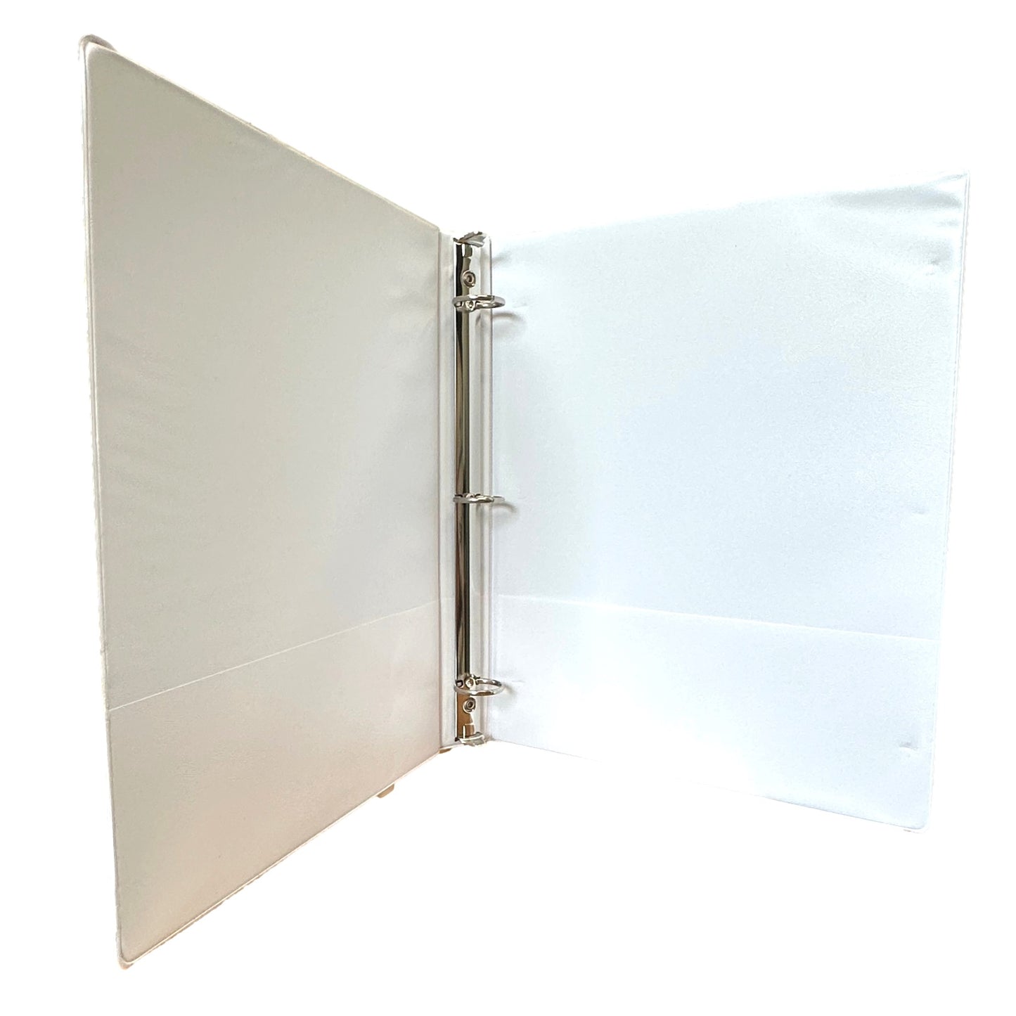 Open white three-ring binder.
