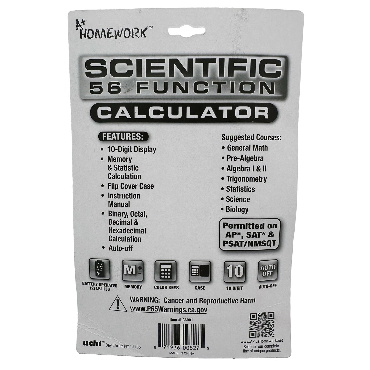 Packaging for an A+ Homework brand scientific calculator listing the calculator's features, suggested courses, and warnings.