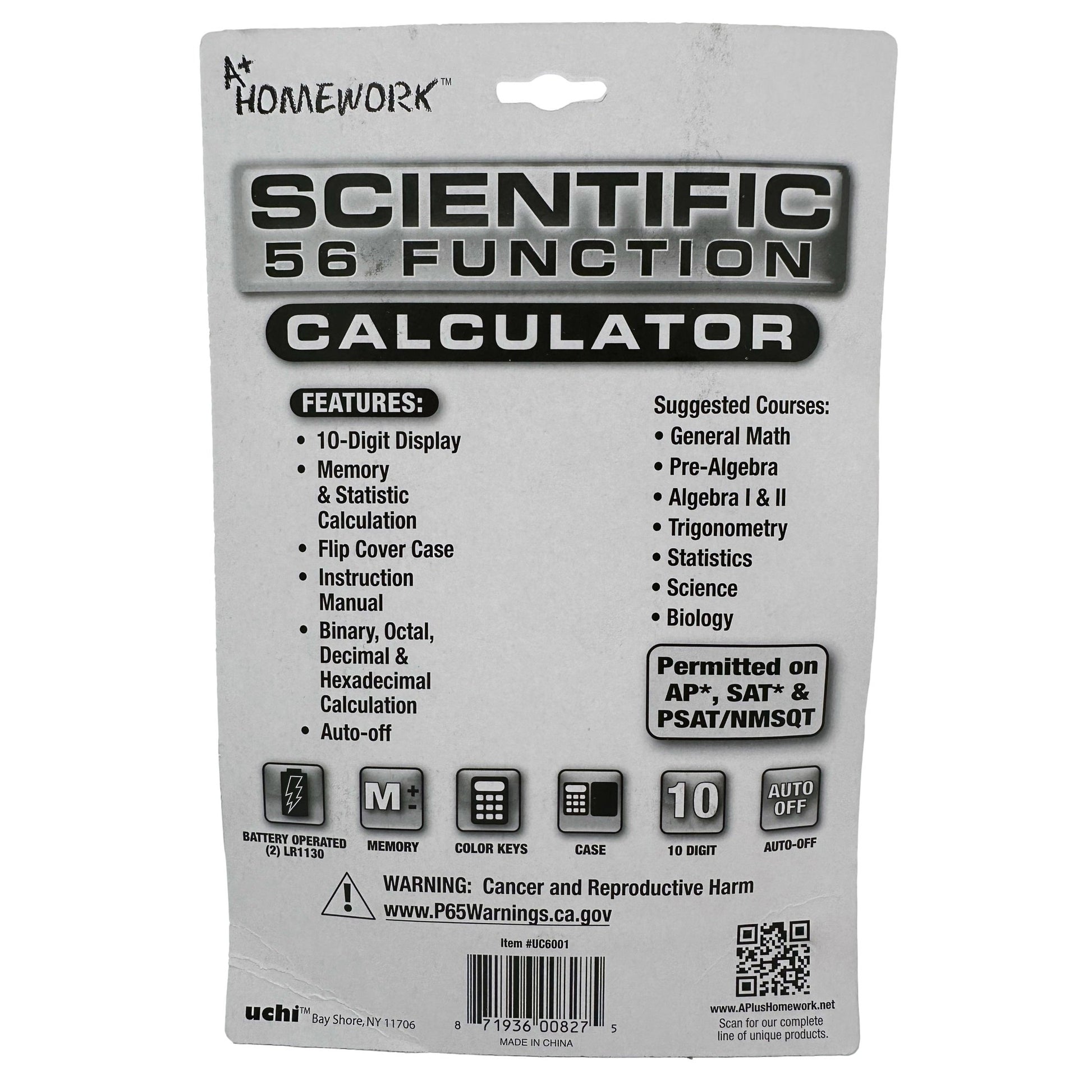 Packaging for an A+ Homework brand scientific calculator listing the calculator's features, suggested courses, and warnings.