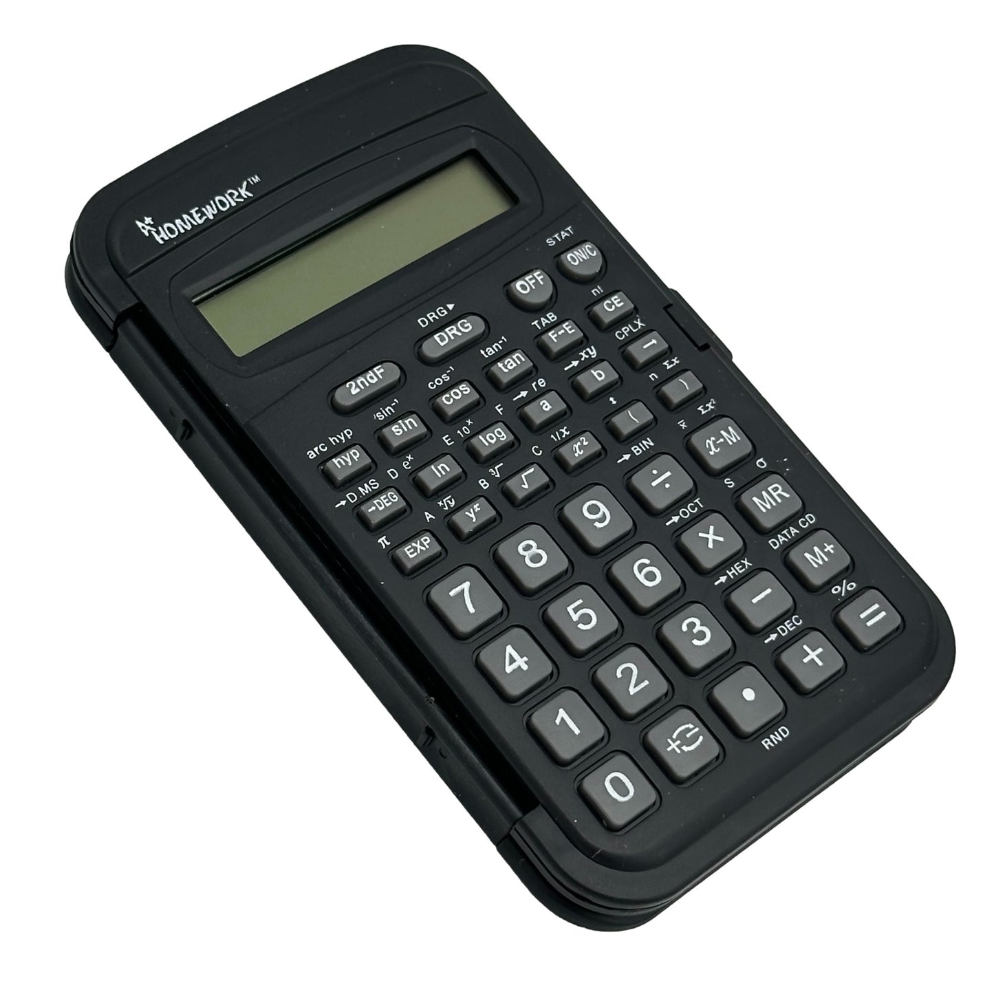 Close up of a black Homework scientific calculator.