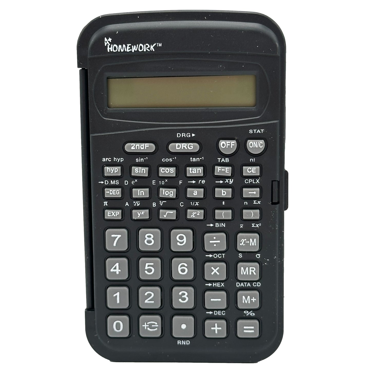 Black scientific calculator with a cover.
